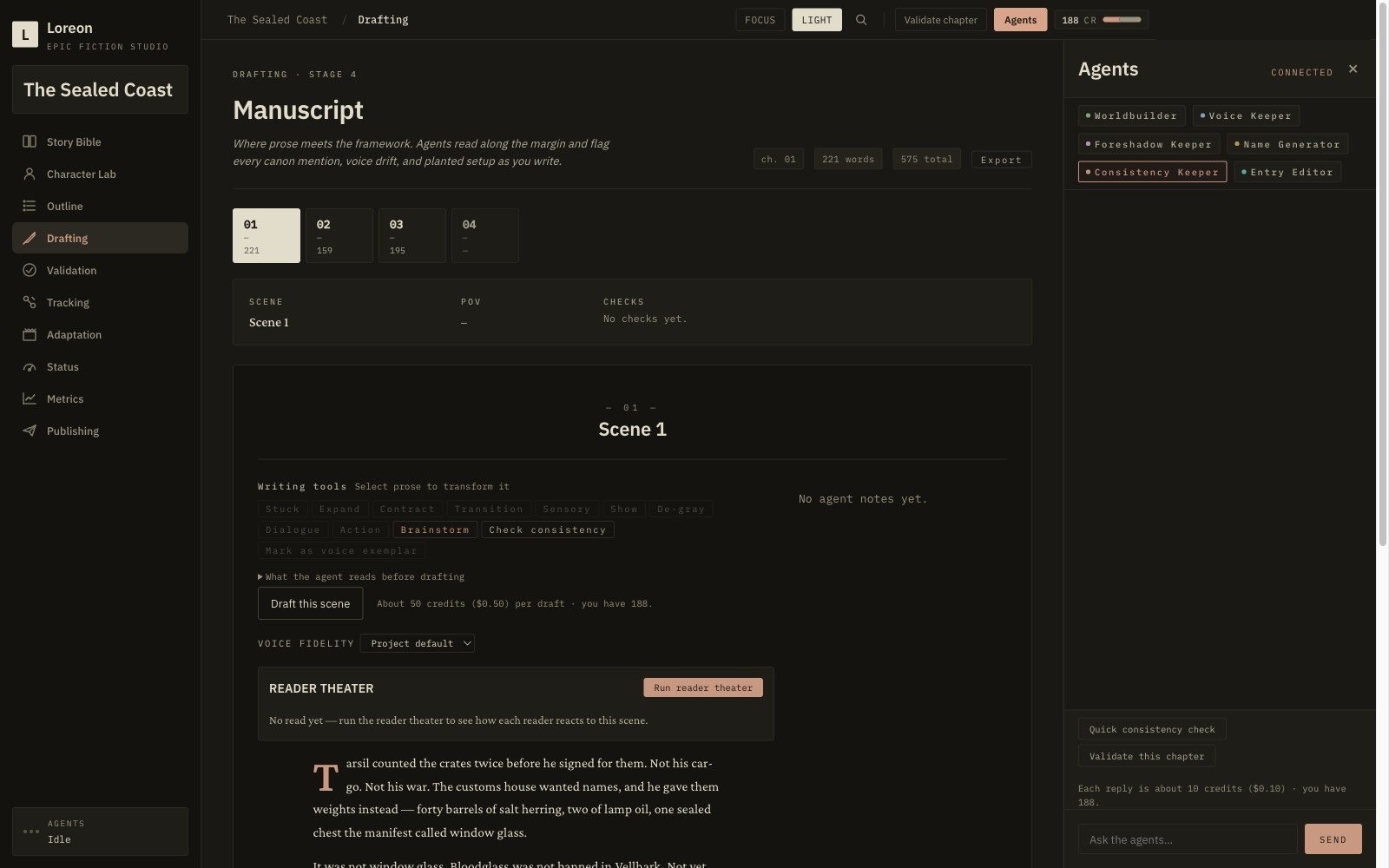 The Loreon drafting editor with a fantasy chapter open, the agent panel showing the Consistency Keeper connected, and the on-ask Check consistency control that reads the scene against canon