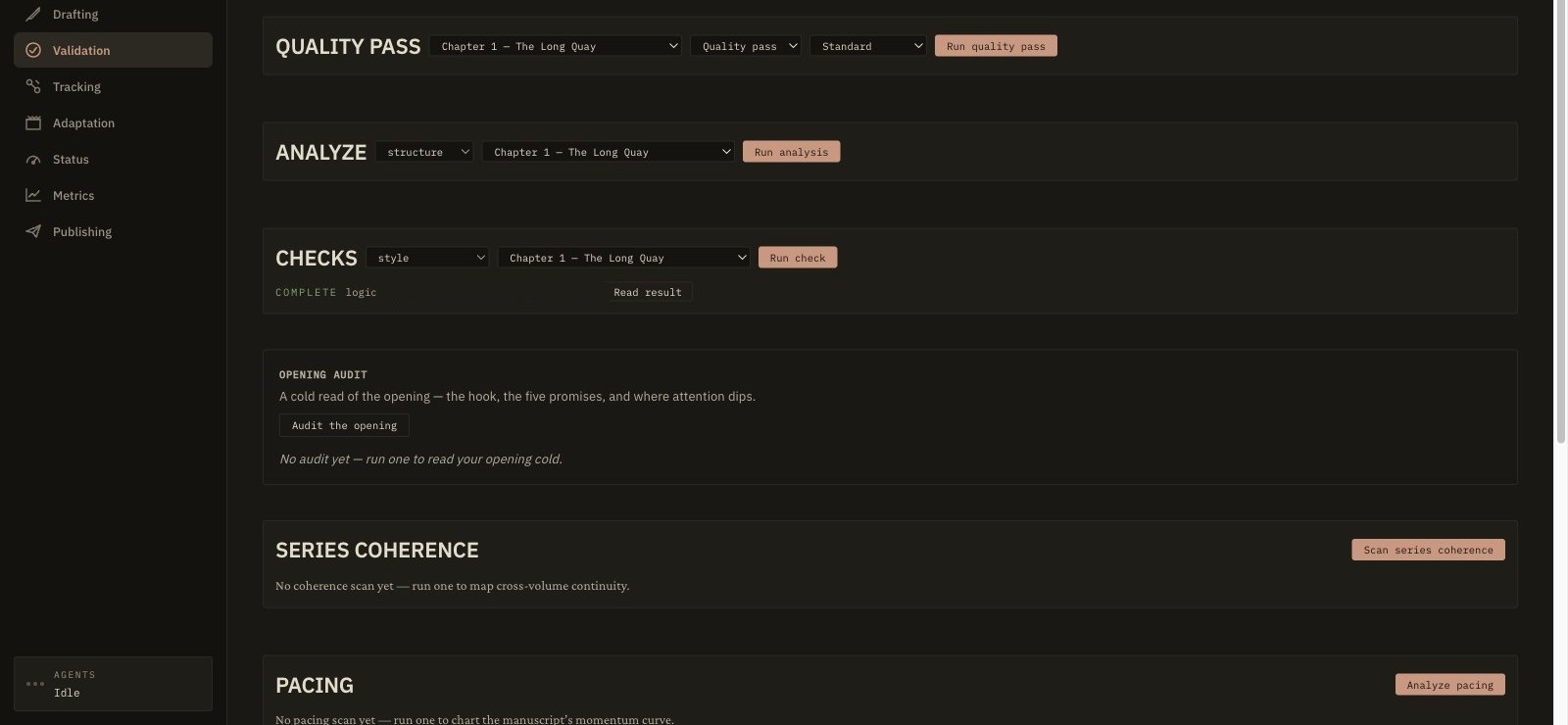 The Loreon validation workspace for a fantasy project, showing the suite of checks run against canon — quality pass, structural analysis, per-chapter style checks, opening audit, series coherence, and pacing — with one completed logic check